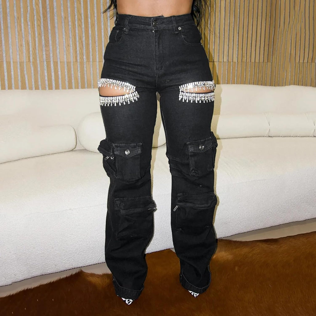 Kvinnor Baggy Ripped Jeans Strass High Waisted Cargo Jeans med Lockfickor Y2k Byxor med Vida Ben Streetwear Ripped Raka Jeans Sexiga Trendiga Jeans