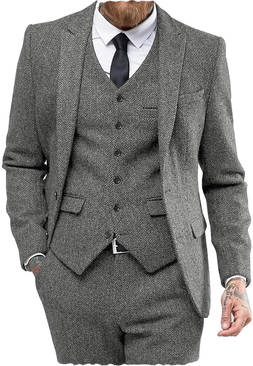 Klassiska herrkostymer normal passform 3 delar ull tweed fiskben by smoking bröllop brudgum blazer + väst + byxor