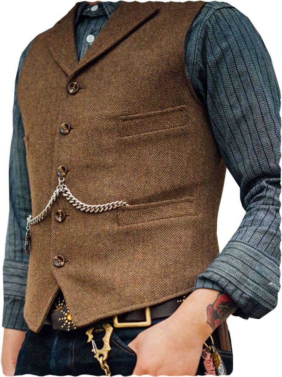Ceehuteey Herr kostymväst i tweed med retro v-hals i ull och fiskbensmönster för bal