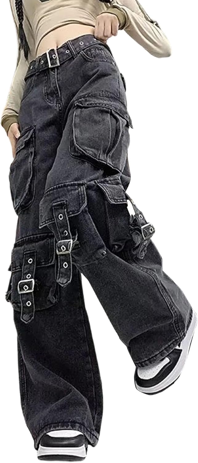 Dam retro tvättade breda ben lastjeans hög midja Y2K gotiska streetwear denim byxor vardag trendiga lösa jeans
