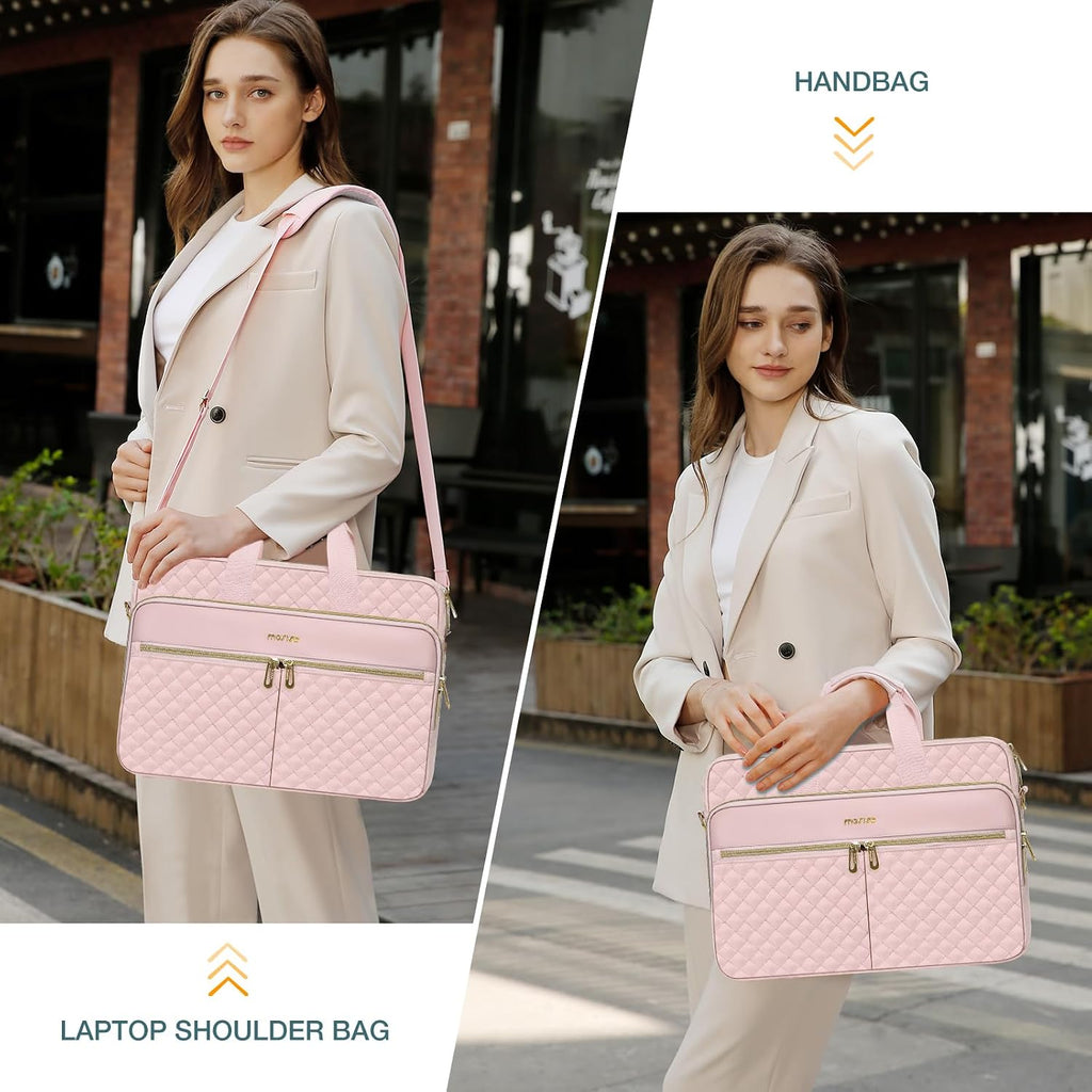 MOSISO Laptopväska, laptopväska, axelväska, dam, portfölj, handväska, kvadratisk quiltad laptopväska, axelväska, kontor, resor, affärer med 3 fickor och remmar