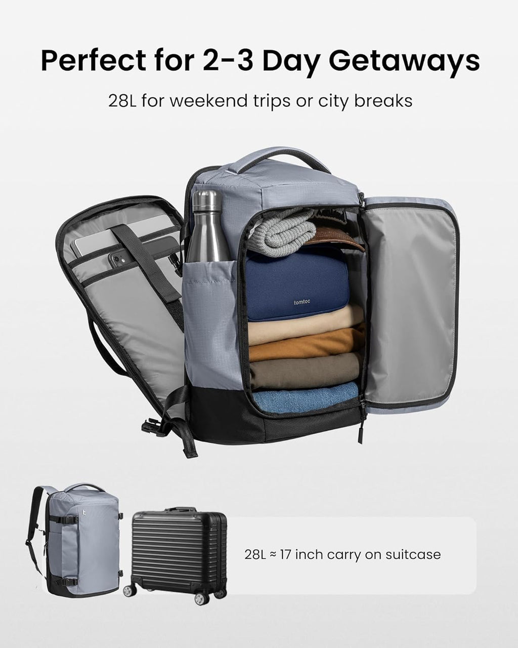 tomtoc 40L Reseryggsäck, TSA-vänlig handbagage-ryggsäck Reseryggsäck för 15,6-17 tums bärbar dator, flyggodkänd ombordstigning Vattenavvisande kabinryggsäck för resor Weekender Trip