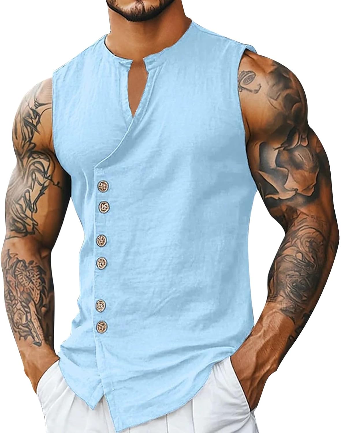Linneskjorta herr ärmlös, linneskjorta herr bomull linne linne topp med knappslå fritid streetwear baggy t-shirt utan ärmar sommarskjortor casual träningströja snabbtorkande toppar