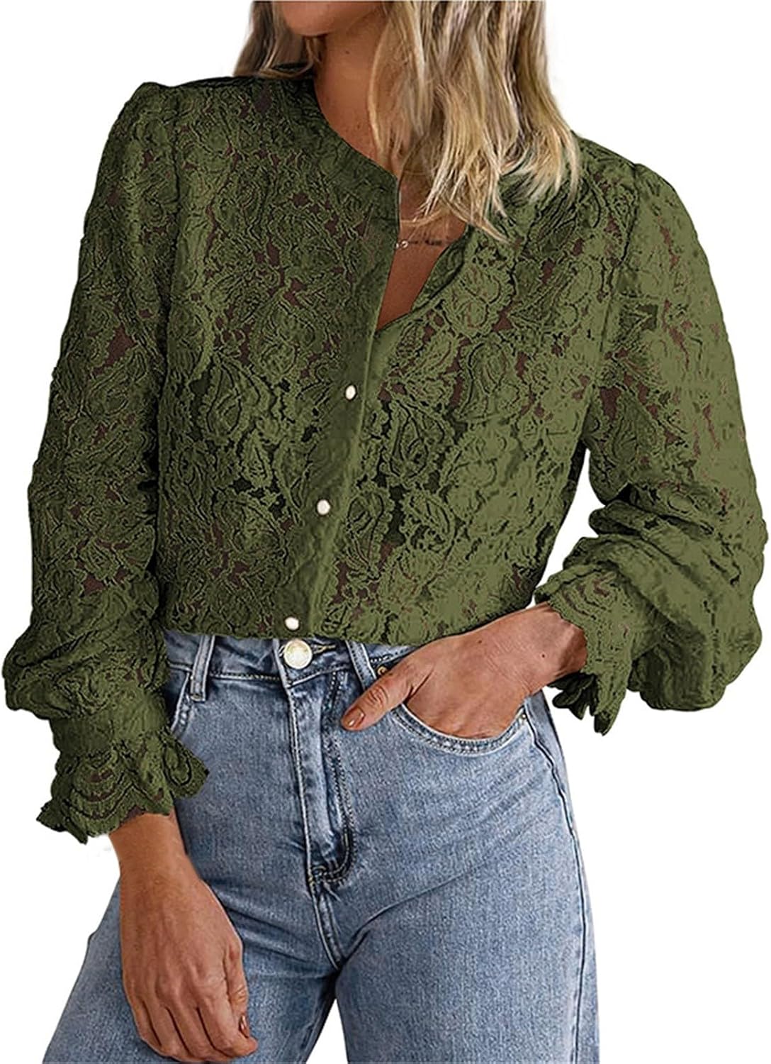 Festliga blusar damer elegant med spets: spets topp damer röd – spetsblus vintage v-ringad blusar tunika lös långärmad skjorta enfärgad spets toppar blus skjorta damblusar