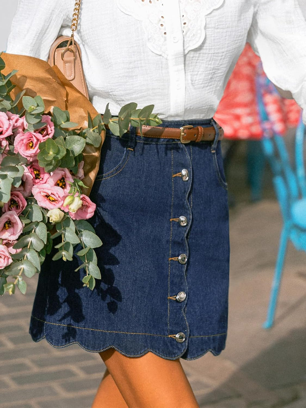 CUPSHE kvinnor denim kjol vardaglig hög midja A-linje skulpterad fåll mini jeanskjol med fickor
