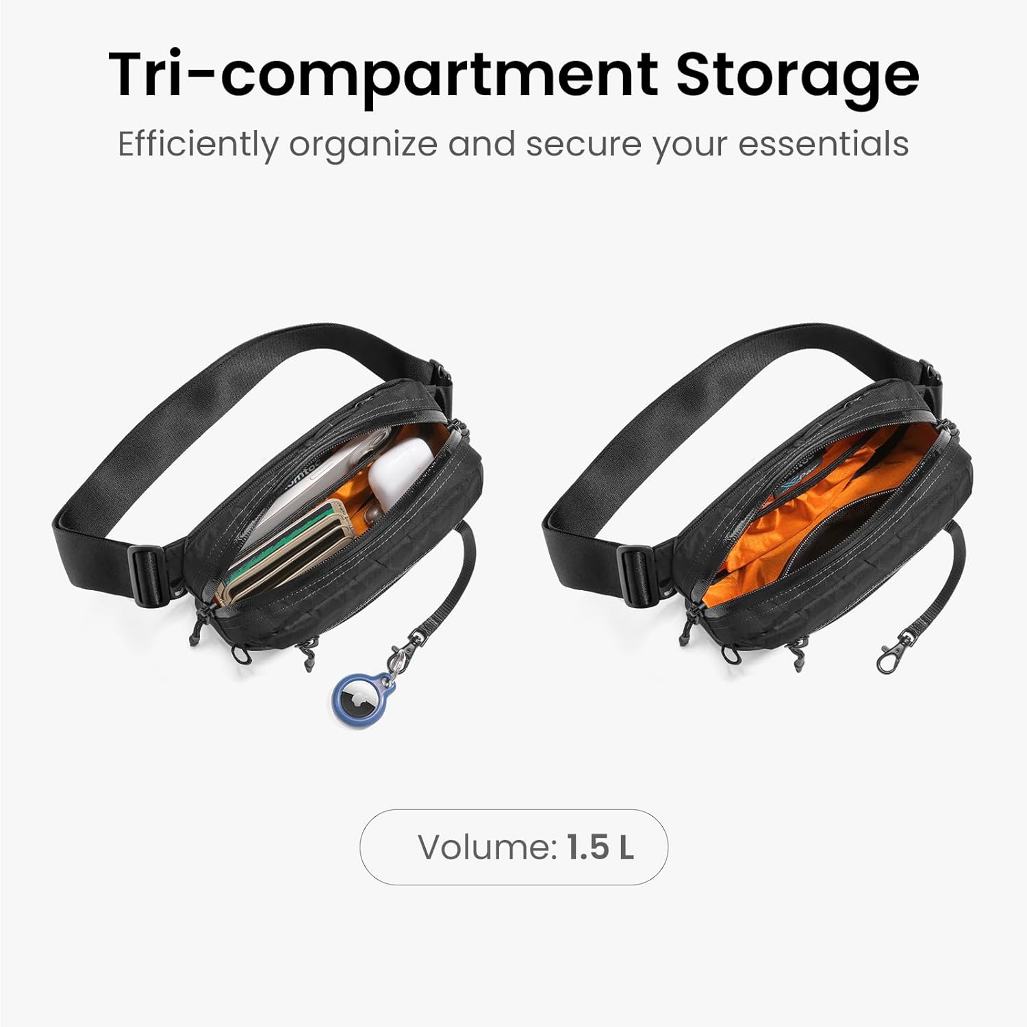tomtoc 1,5 l crossbody väska med RFID-skydd, liten unisex axelremsväska, sling bag, lätt, vattentät sling bag, för utomhusresor, svart