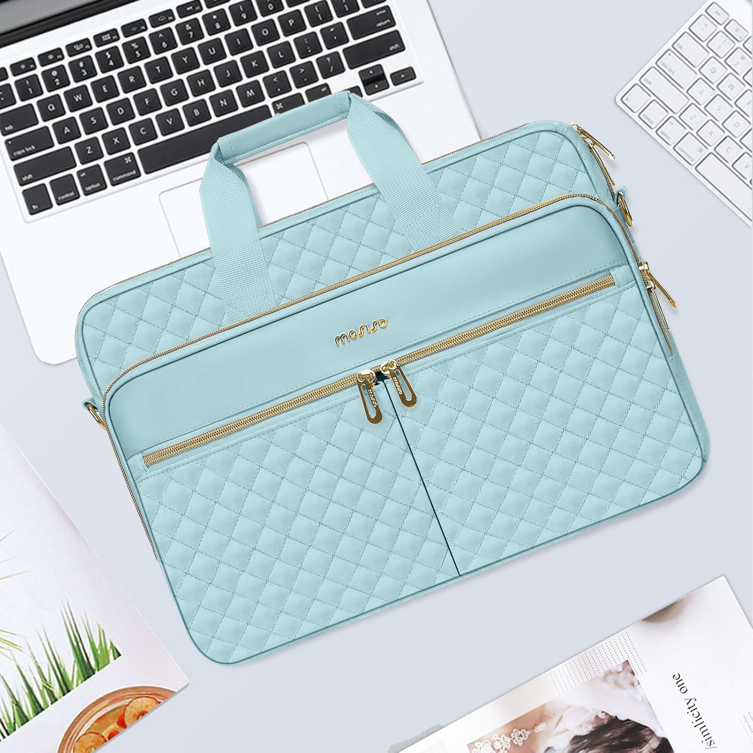 MOSISO Laptopväska, laptopväska, axelväska, dam, portfölj, handväska, kvadratisk quiltad laptopväska, axelväska, kontor, resor, affärer med 3 fickor och remmar