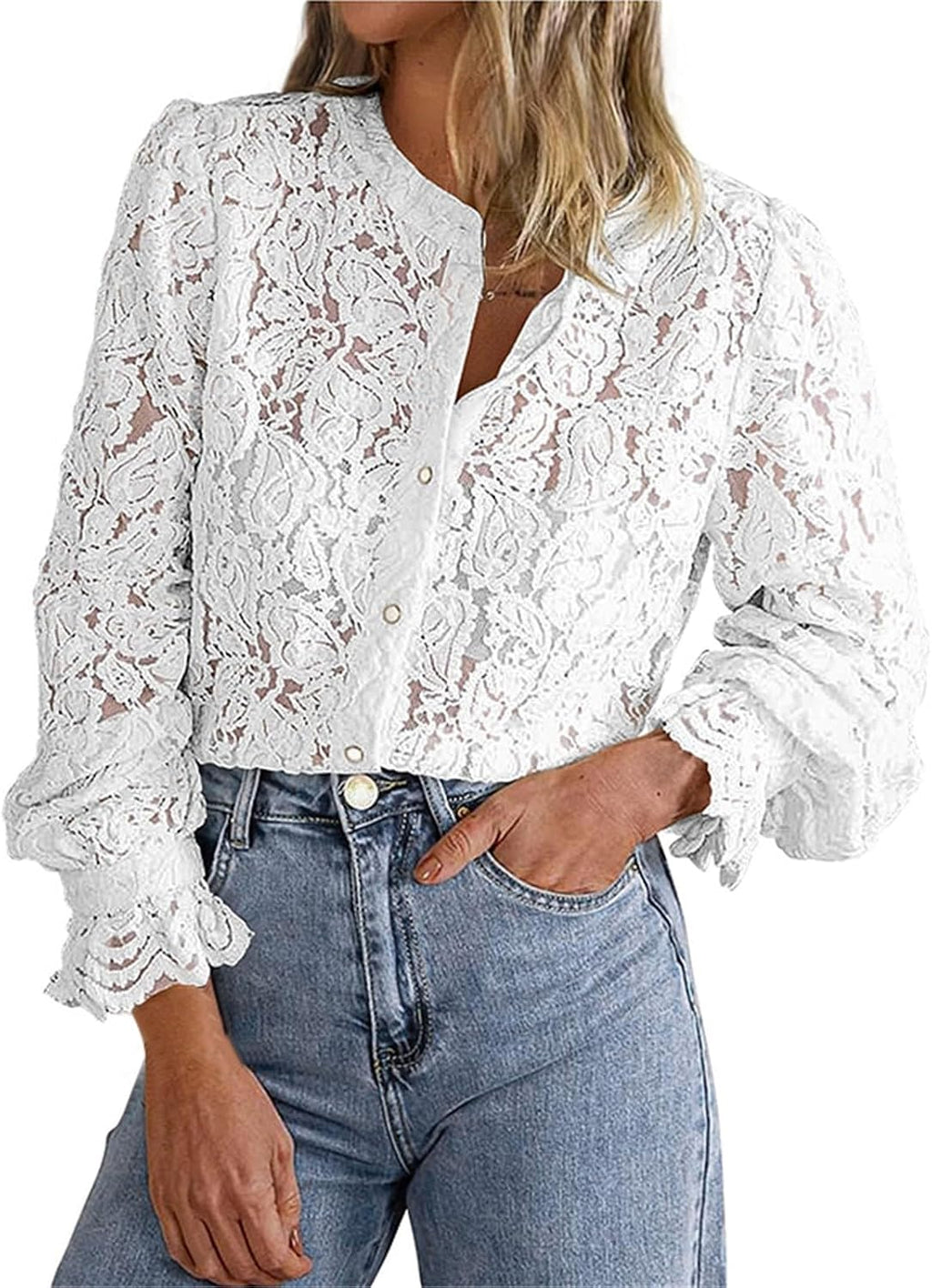 Festliga blusar damer elegant med spets: spets topp damer röd – spetsblus vintage v-ringad blusar tunika lös långärmad skjorta enfärgad spets toppar blus skjorta damblusar