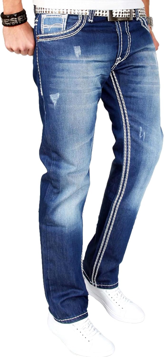 A. Salvarini herr designer jeans byxor blå stonewash tjocka vita dekorativa sömmar AS011