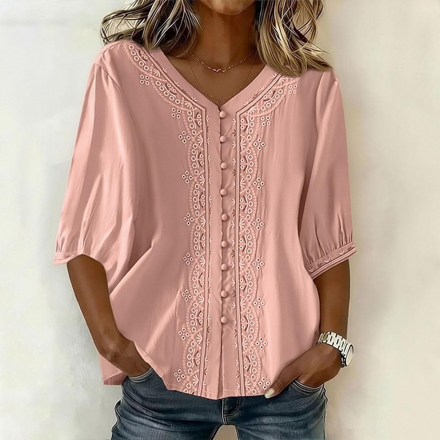 Kvinnors boho toppar bomull linne halvärm v-ringad retro broderade skjortor groda knapp kinesisk stil skjorta damer lös ledig sommar topp