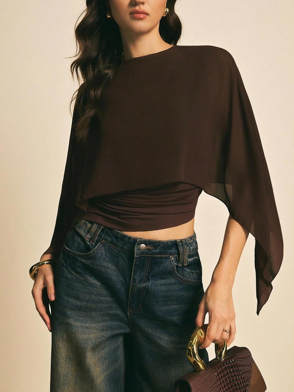 asymmetrisk blus för kvinnor med sheer chiffongponcho, eleganta skjortor topp kläder streetwear sommar fest klubb kläder
