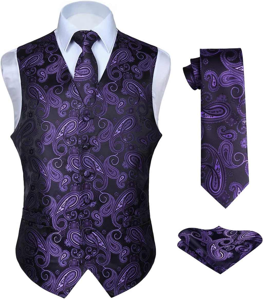 Hisdern Herrväst med paisleymönster, blommig jacquard-slips, bröstnäsduk och näsduk, perfekt för bröllop, fest eller affärsmöten, väst-set för kostym i storlekarna XS–6XL
