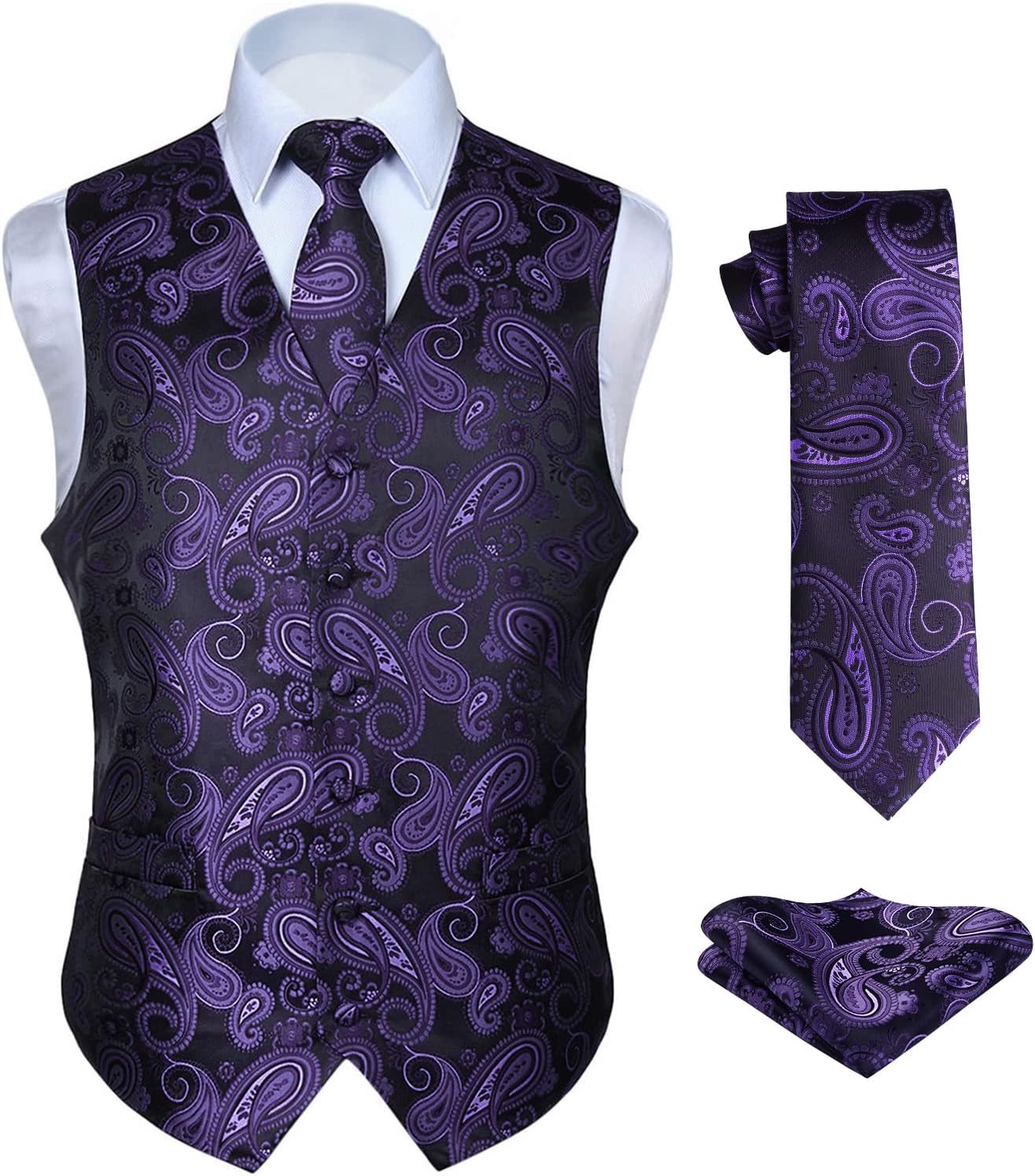 Hisdern Herrväst med paisleymönster, blommig jacquard-slips, bröstnäsduk och näsduk, perfekt för bröllop, fest eller affärsmöten, väst-set för kostym i storlekarna XS–6XL