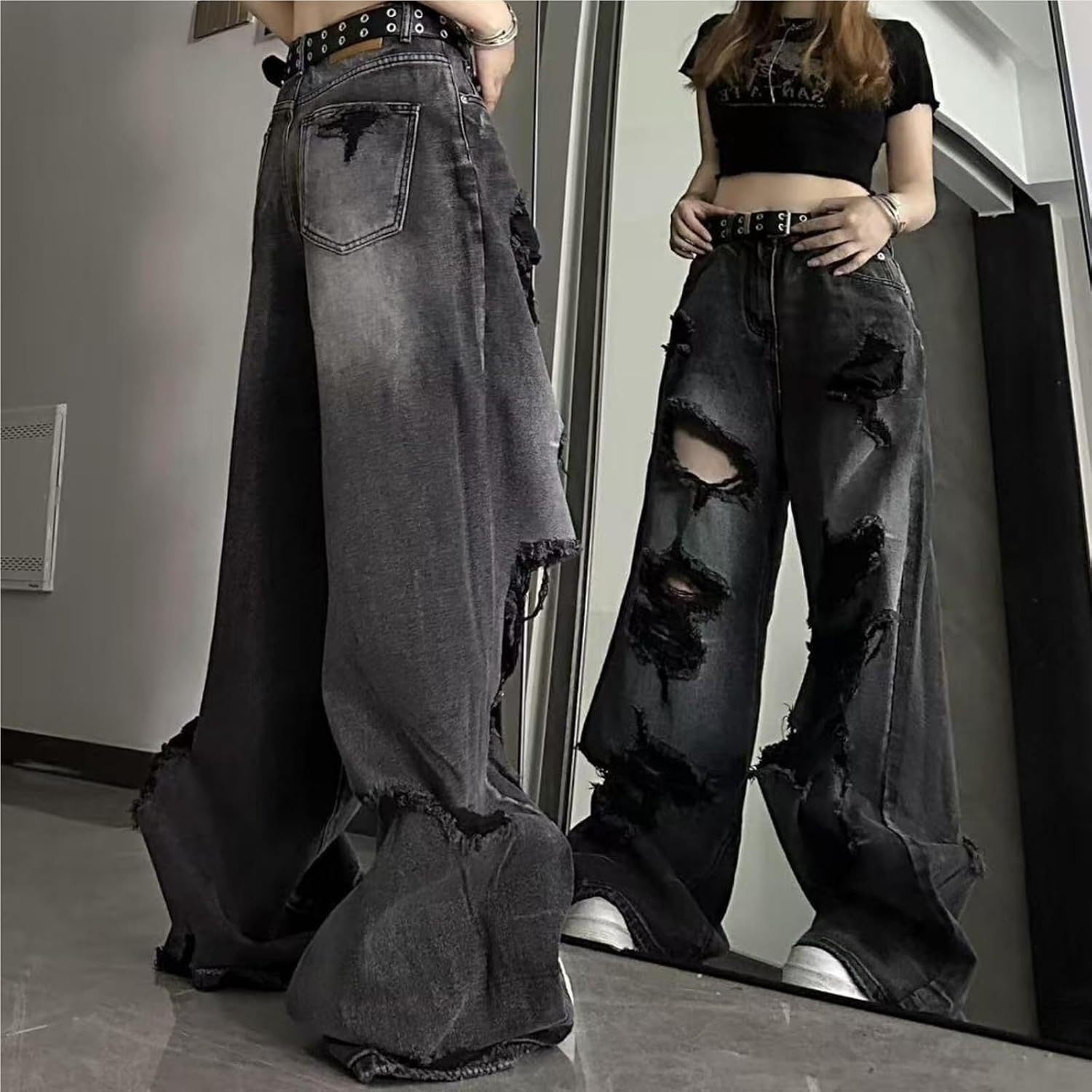 Dam Y2K Ripped Baggy Jeans - Hög midja, raka ben, grungebyxor, gothbyxor, 2000-talsmode
