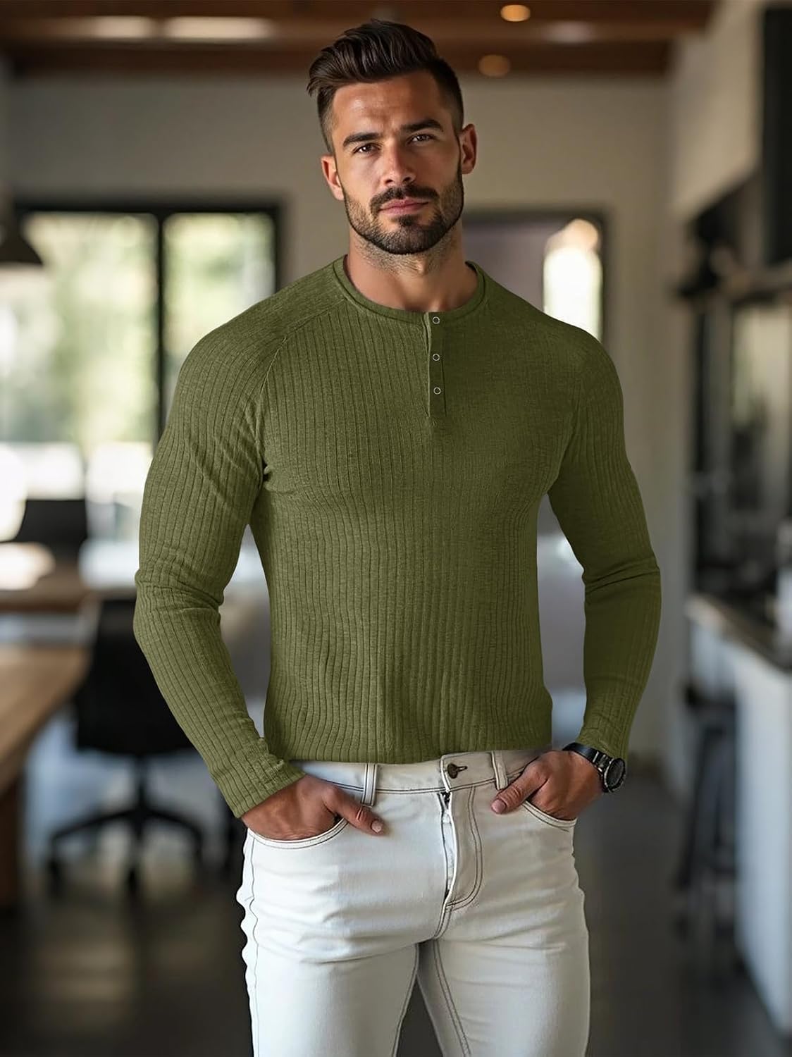Muscle CMdr mäns ribbad Henley-skjorta kortärmad smal passform muskelskjorta anpassad bomull vardaglig långärmad