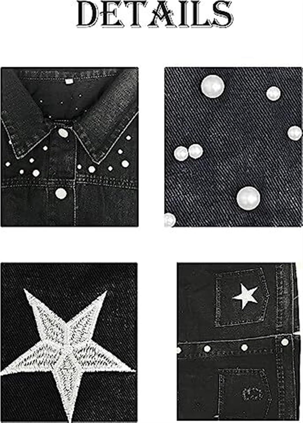 Womens Cropped Pearls Beading Jean Jacket Ripped Star Broderad jeansjacka Coat
