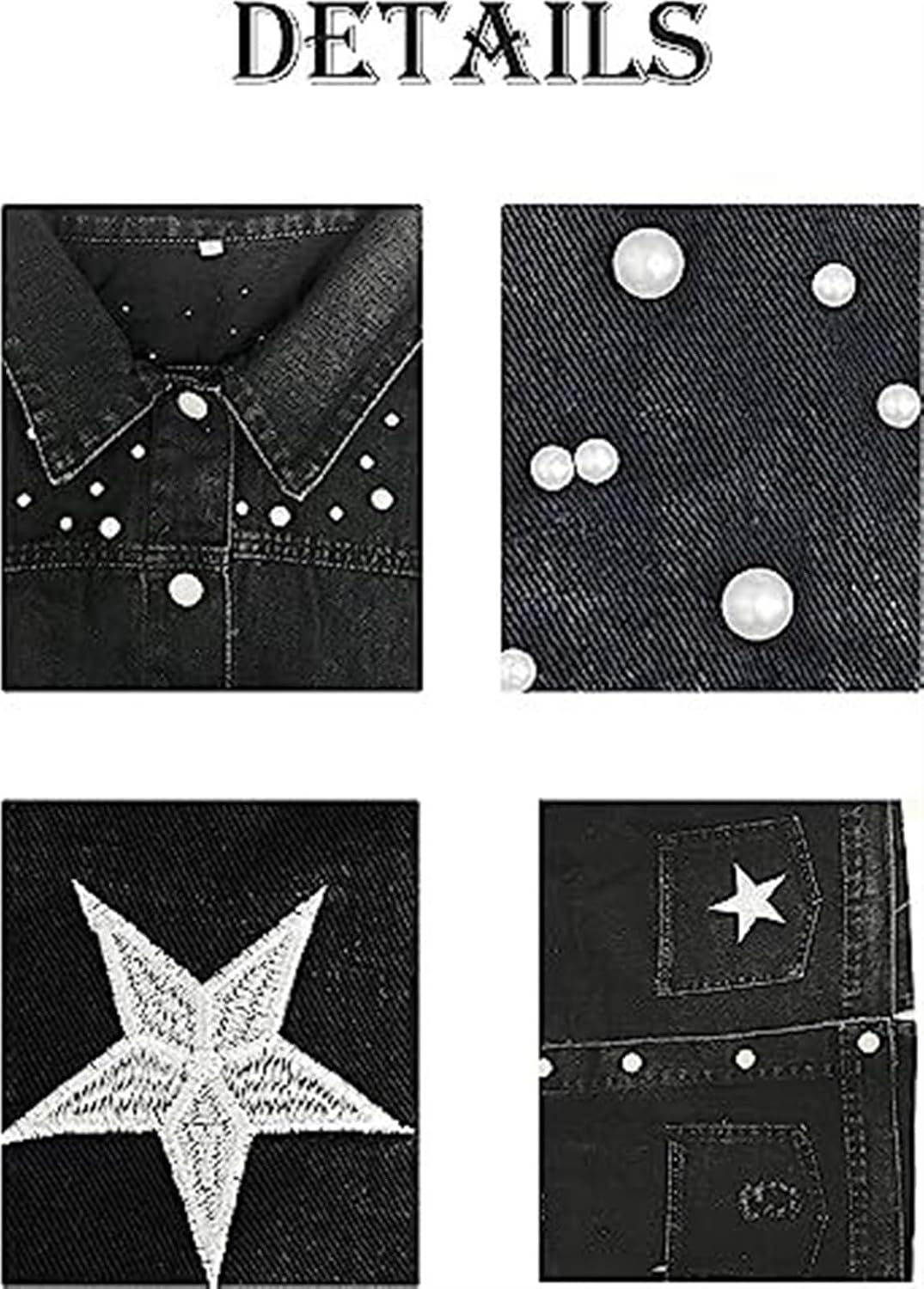 Womens Cropped Pearls Beading Jean Jacket Ripped Star Broderad jeansjacka Coat