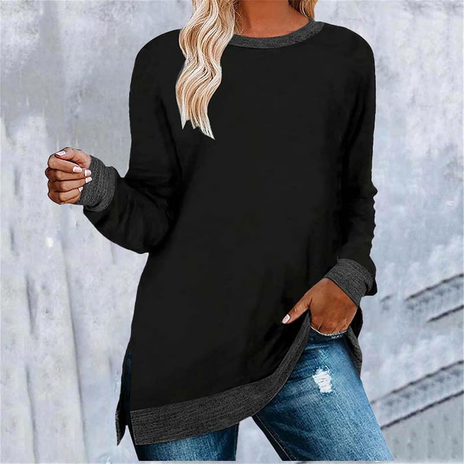 HUIFUAO T-shirt för kvinnor långärmad rund hals färgblock delad topp lös pullover topp skjorta kvinnor svart plus size t-shirt