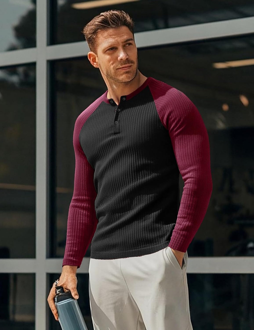 Muscle CMdr mäns ribbad Henley-skjorta kortärmad smal passform muskelskjorta anpassad bomull vardaglig långärmad