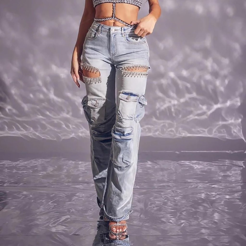 Kvinnor Baggy Ripped Jeans Strass High Waisted Cargo Jeans med Lockfickor Y2k Byxor med Vida Ben Streetwear Ripped Raka Jeans Sexiga Trendiga Jeans