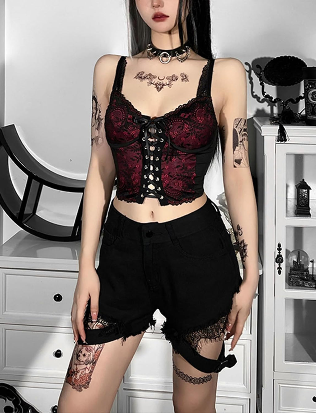 FEOYA Spets/PU gotisk väst för kvinnor sexig ärmlös punk magtröja kort/långärmad snörning toppar för halloween/cosplay/karneval/streetwear/fest/klubb/vardaglig XS-XL