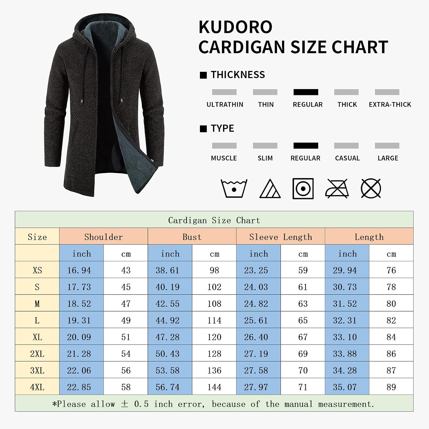 KUDORO Herrcardigan lång väst med dragkedja stickad kofta huvtröja tjock och ledig fleece tröja huvtröja