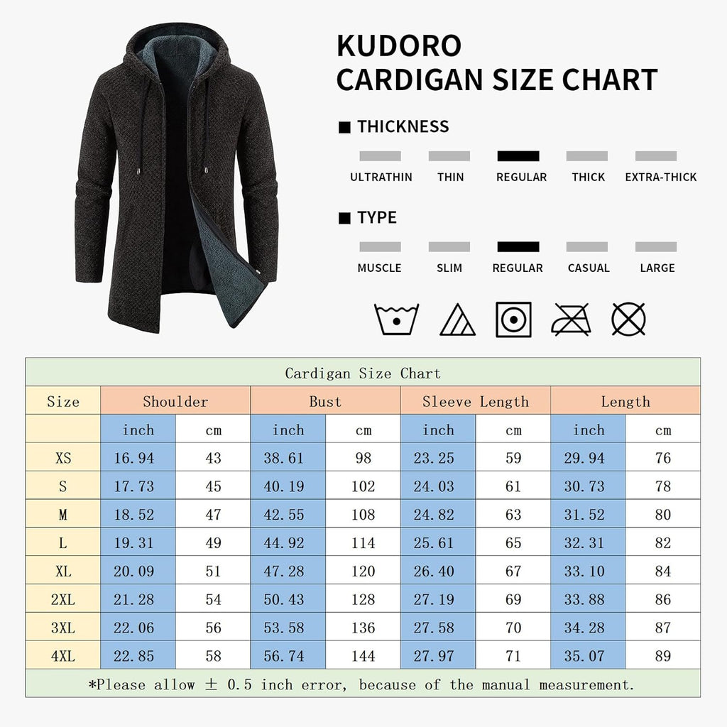 KUDORO Herrcardigan lång väst med dragkedja stickad kofta huvtröja tjock och ledig fleece tröja huvtröja