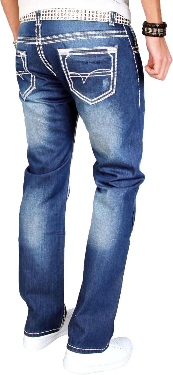 A. Salvarini herr designer jeans byxor blå stonewash tjocka vita dekorativa sömmar AS011