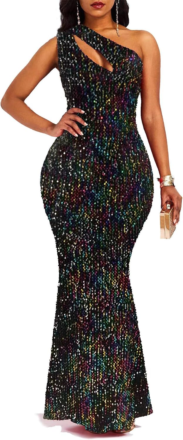 VERWIN Paljetter mode ärmlös sned krage sjöjungfru dam maxiklänning bodycon klänning festklänning