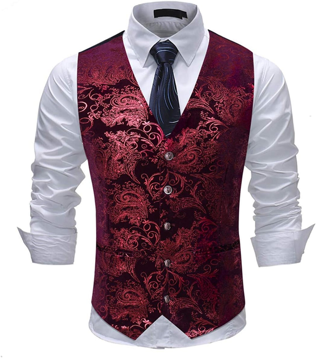 Paisley jacquard-kostym, väst för män, enkel knäppt väst, stilig, smal passform, med knäppning, bal, formell kostym