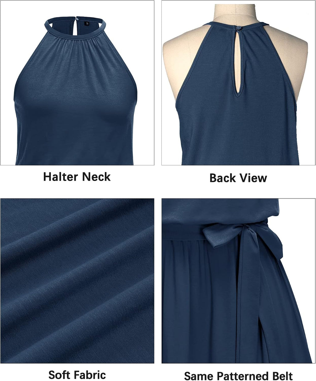 Newshows Sommarklänning för damer, halterneck-klänning, ärmlös klänning i ledig stil, solklänning med volang, klänning med fickor