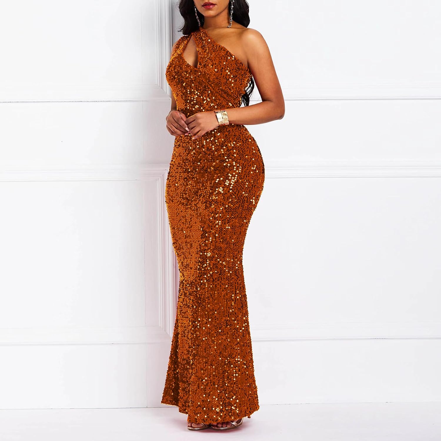 VERWIN Paljetter mode ärmlös sned krage sjöjungfru dam maxiklänning bodycon klänning festklänning