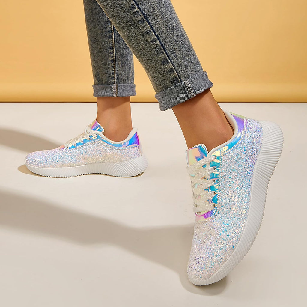 LUCKY STEP Briljanta sneakers för kvinnor med strass och metallpaljetter, lätta tennisskor