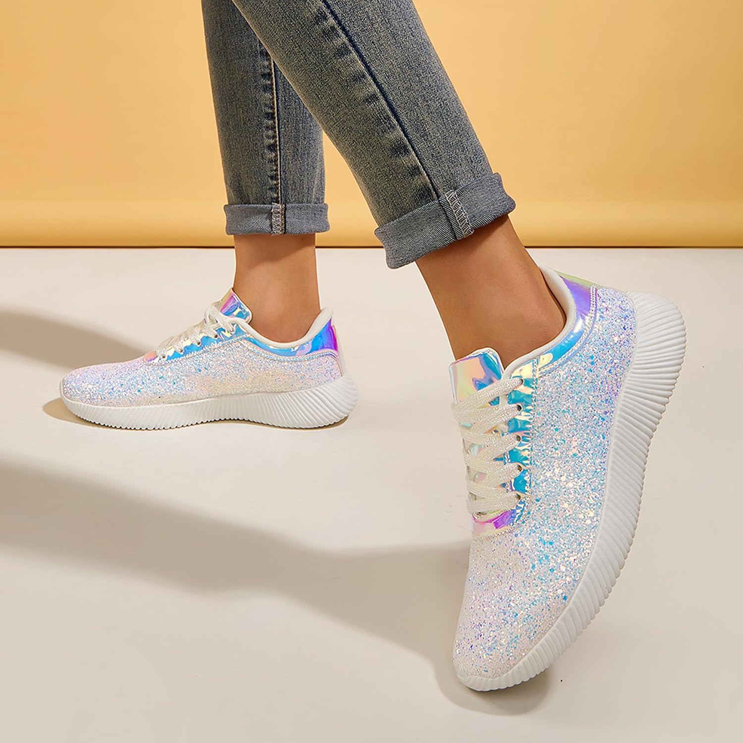 LUCKY STEP Briljanta sneakers för kvinnor med strass och metallpaljetter, lätta tennisskor