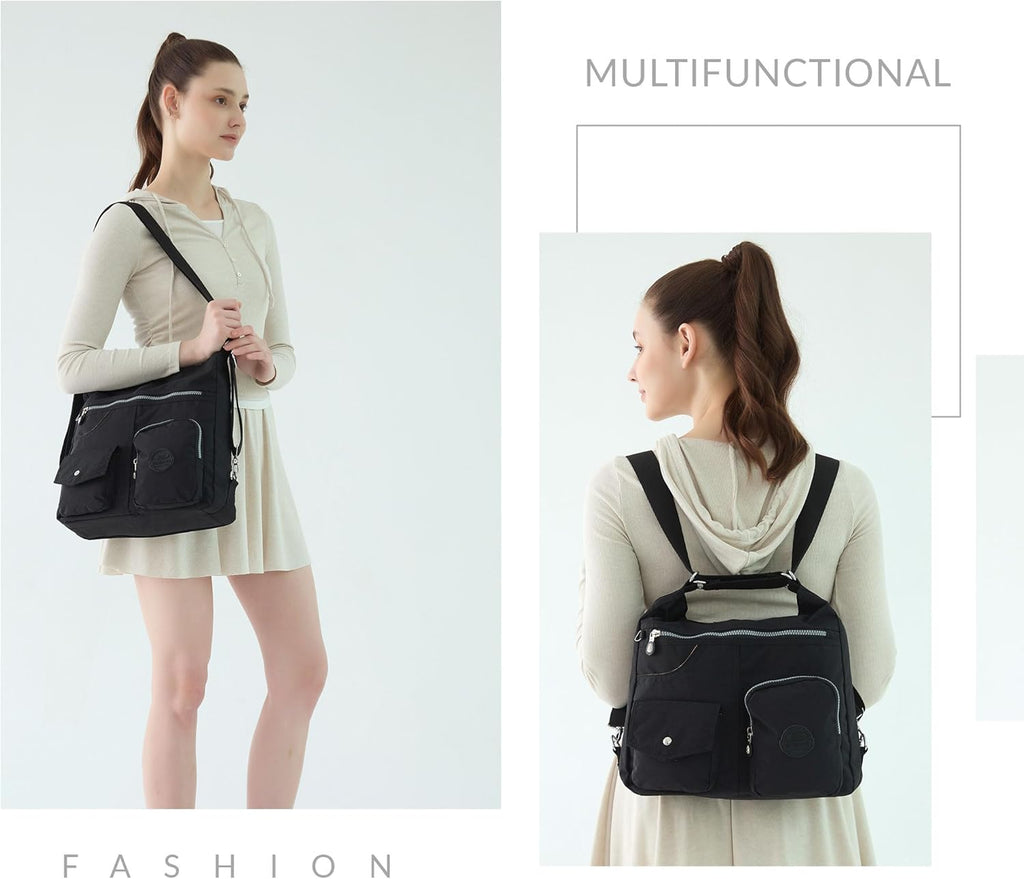 Multifunktionell hobo-väska för kvinnor med RFID-skydd, vattentät nylon, crossbody-väska, axelhandväska, konvertibel ryggsäck