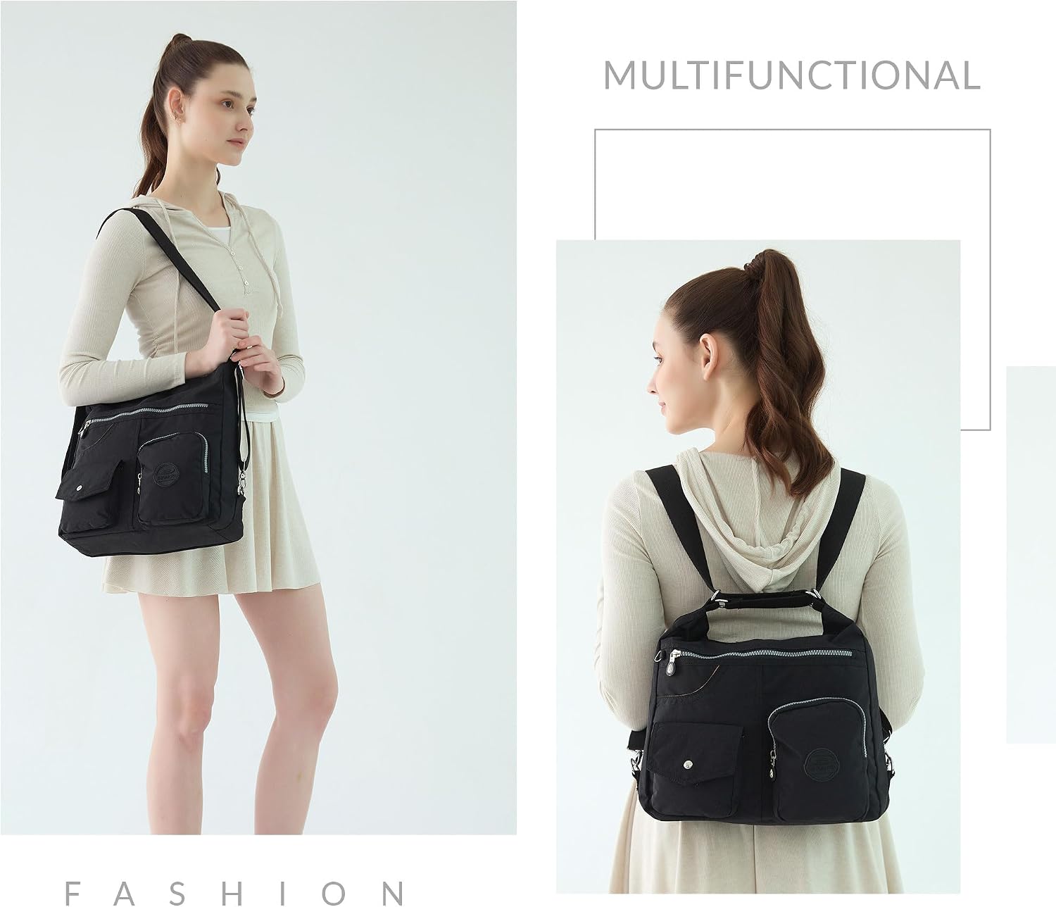 Multifunktionell hobo-väska för kvinnor med RFID-skydd, vattentät nylon, crossbody-väska, axelhandväska, konvertibel ryggsäck