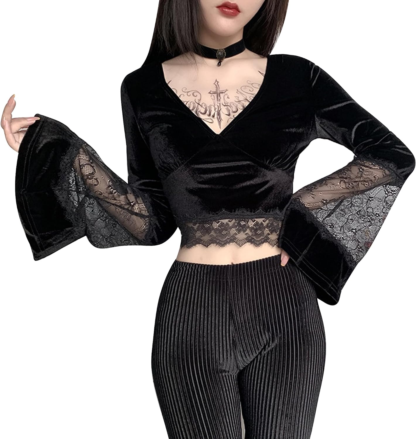 FEOYA Spets/PU gotisk väst för kvinnor sexig ärmlös punk magtröja kort/långärmad snörning toppar för halloween/cosplay/karneval/streetwear/fest/klubb/vardaglig XS-XL