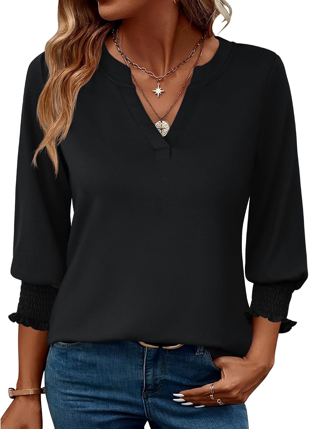 Rapbin Damblus med 3/4-ärm, lång V-ringad tunika, sommartopp, elegant, ledig blus, topp