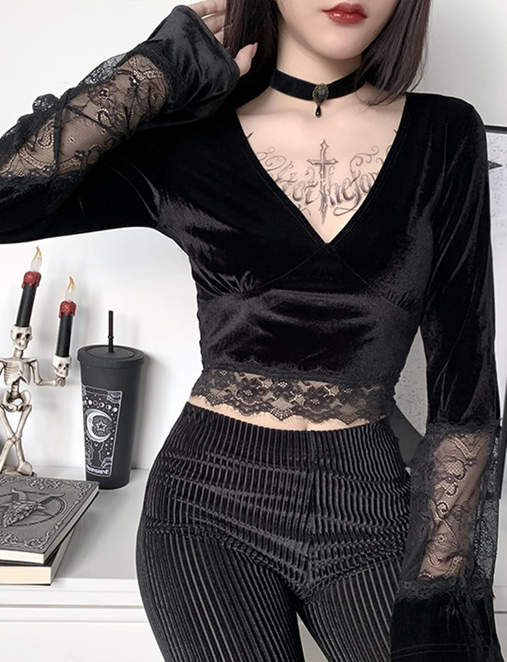 FEOYA Spets/PU gotisk väst för kvinnor sexig ärmlös punk magtröja kort/långärmad snörning toppar för halloween/cosplay/karneval/streetwear/fest/klubb/vardaglig XS-XL