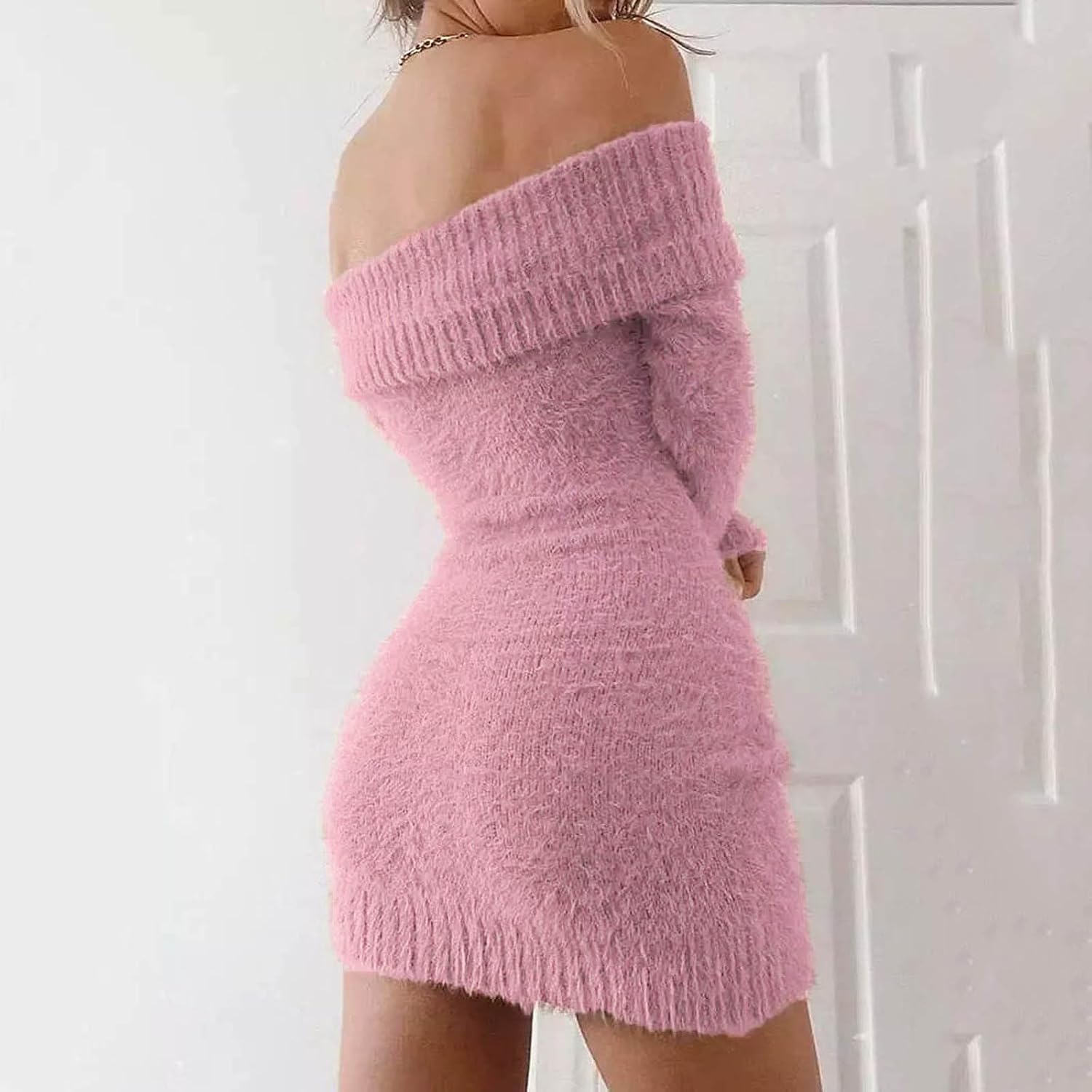 Stickad klänning för kvinnor off-shoulder-bodycon-tröja med långa ärmar för vintersemester