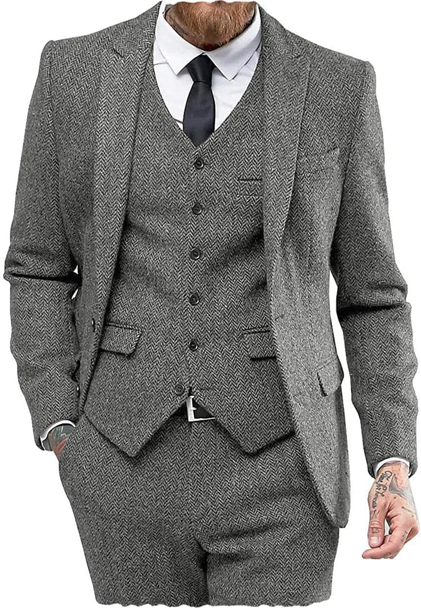 Klassiska herrkostymer normal passform 3 delar ull tweed fiskben by smoking bröllop brudgum blazer + väst + byxor