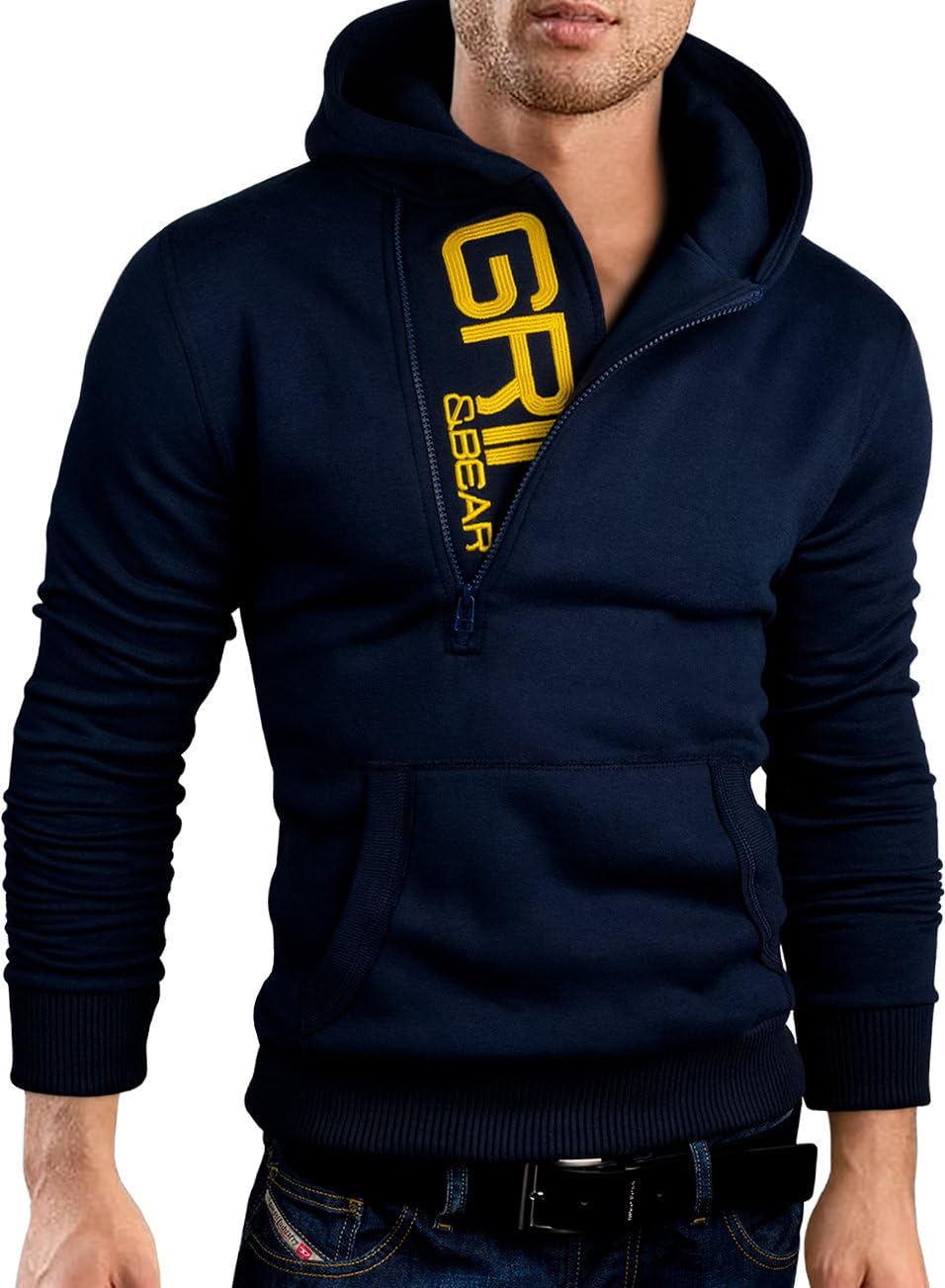 Grin&Bear Slim Fit halv dragkedja huvtröja jacka broderad tröja, GEC401
