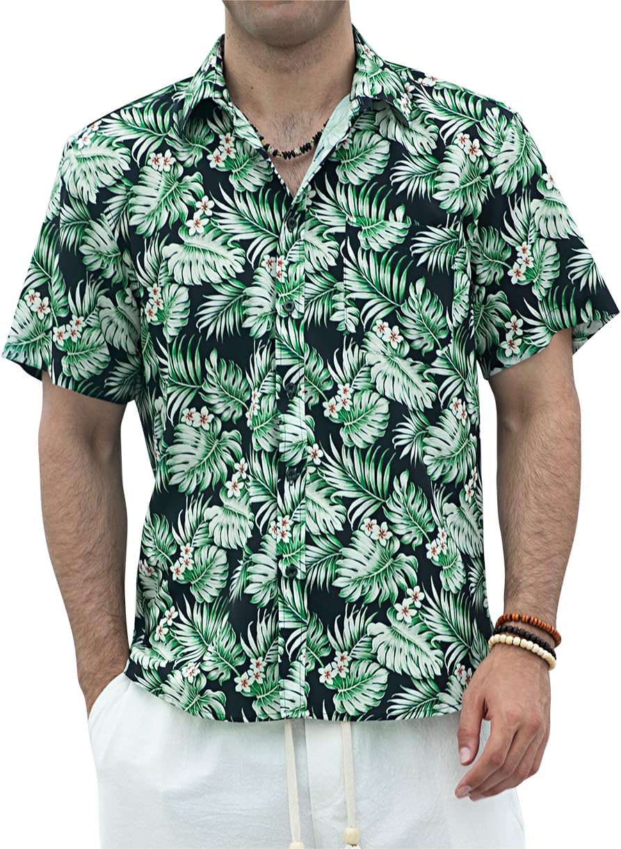 Enlision Funky Hawaii-skjorta för män, kortärmad, fritid, Hawaii-skjorta, tryck, ananas palmer, blommor, ledig, unisex, Hawaii-skjorta med framficka, S-2XL