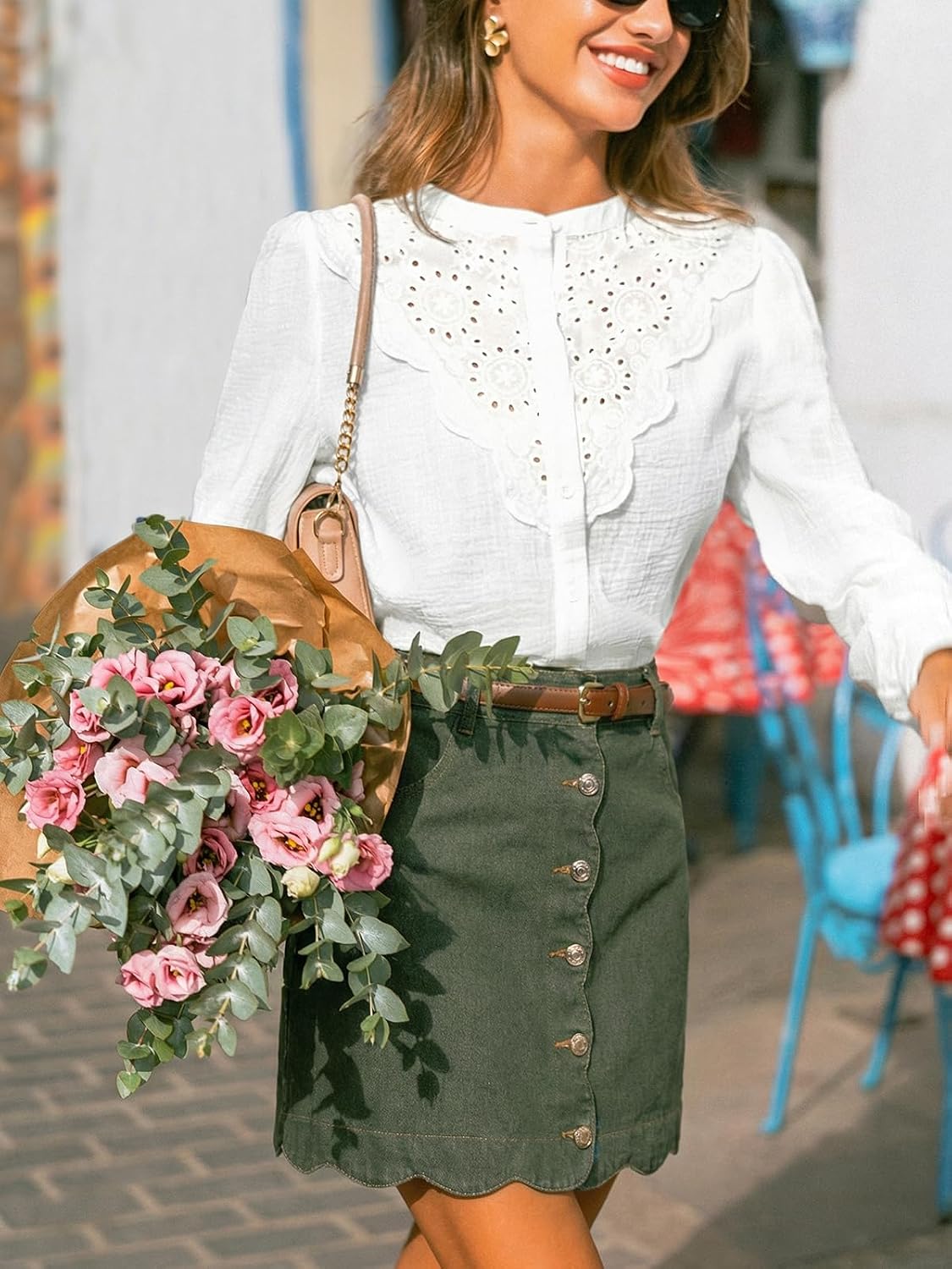 CUPSHE kvinnor denim kjol vardaglig hög midja A-linje skulpterad fåll mini jeanskjol med fickor
