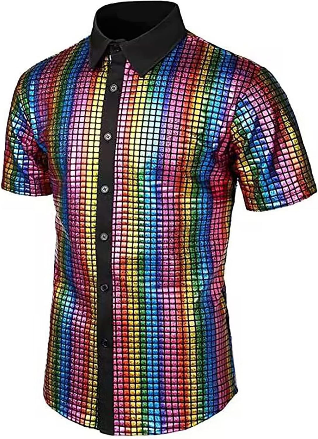 Disco-skjortor för män | Sparkle Sequin Shirts | Skinande metalliska kortärmad skjortor | Glitterskjorta | Slim Fit Button-Down tröjor för nattklubb rock bal hiphop disco partydräkt
