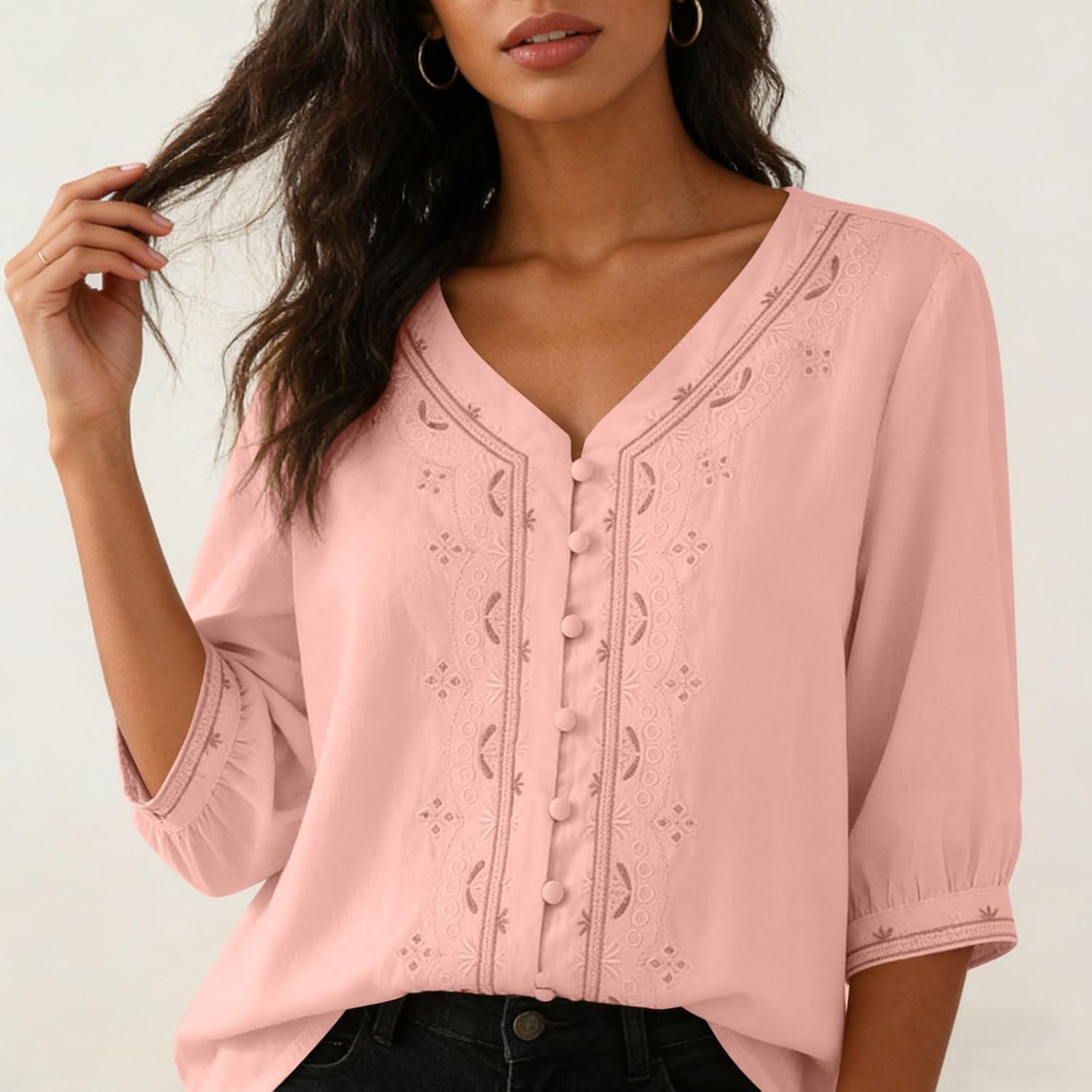 Kvinnors boho toppar bomull linne halvärm v-ringad retro broderade skjortor groda knapp kinesisk stil skjorta damer lös ledig sommar topp