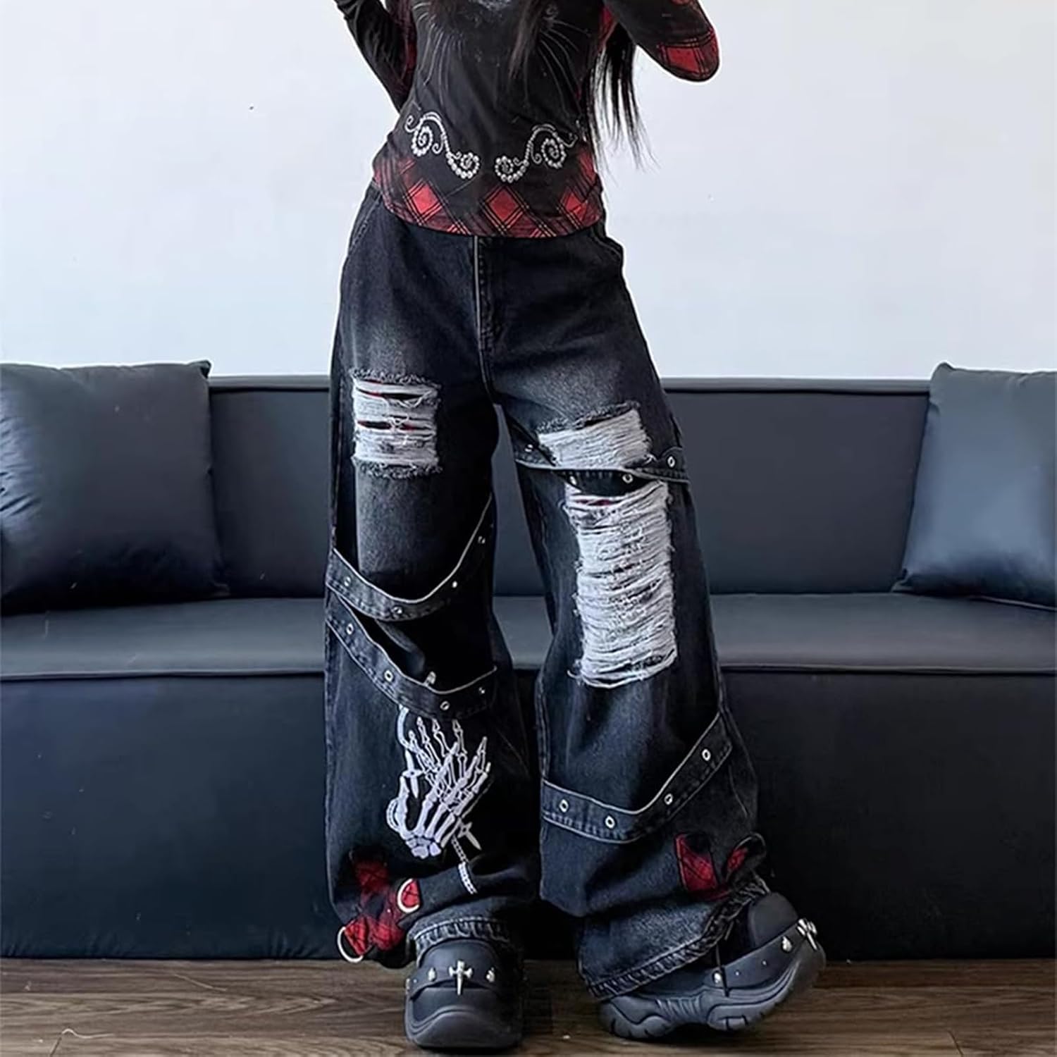 Y2K Ripped Grunge Baggy Jeans Byxor Emo Dam Goth Raka Ben Byxor Hög Midja Alt Y2K Kläder