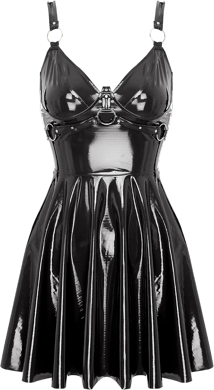 Kaerm Dam wetlook miniklänning lack latex festklänning ärmlös veckad klänning A linjer v-ringad sommarklänning med utsvängd veckad kjol klubbkläder