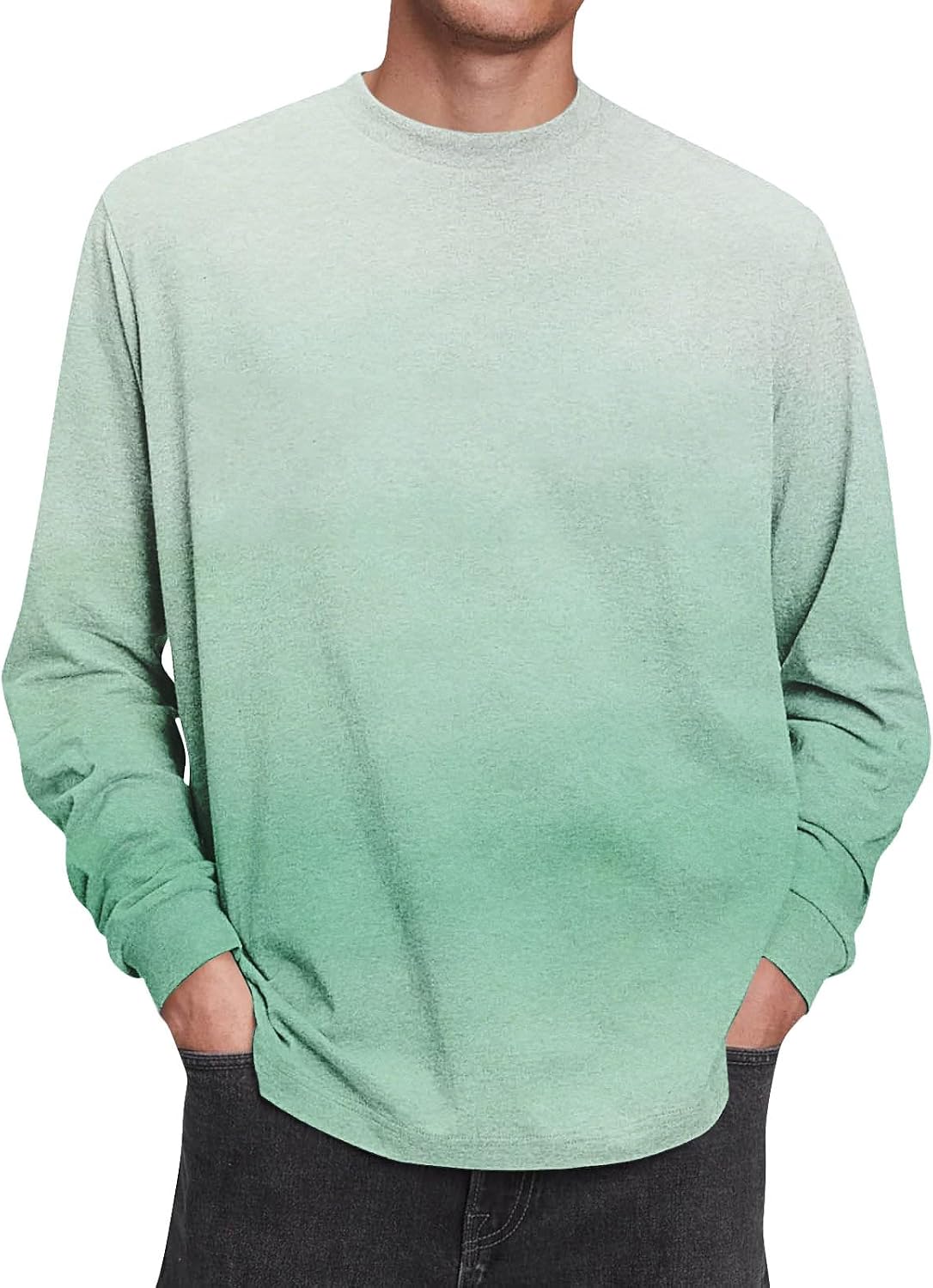 Herr långärmad t-shirt tonad färg rund hals lätt vardaglig pullover topp