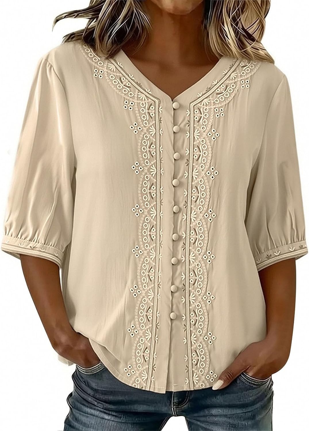Kvinnors boho toppar bomull linne halvärm v-ringad retro broderade skjortor groda knapp kinesisk stil skjorta damer lös ledig sommar topp